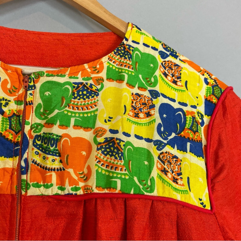 Vintage Caftan Dress Maxi Women‎ Kaftan Muumuu Elephants Reddish Orange Zip-Up - Picture 8 of 15